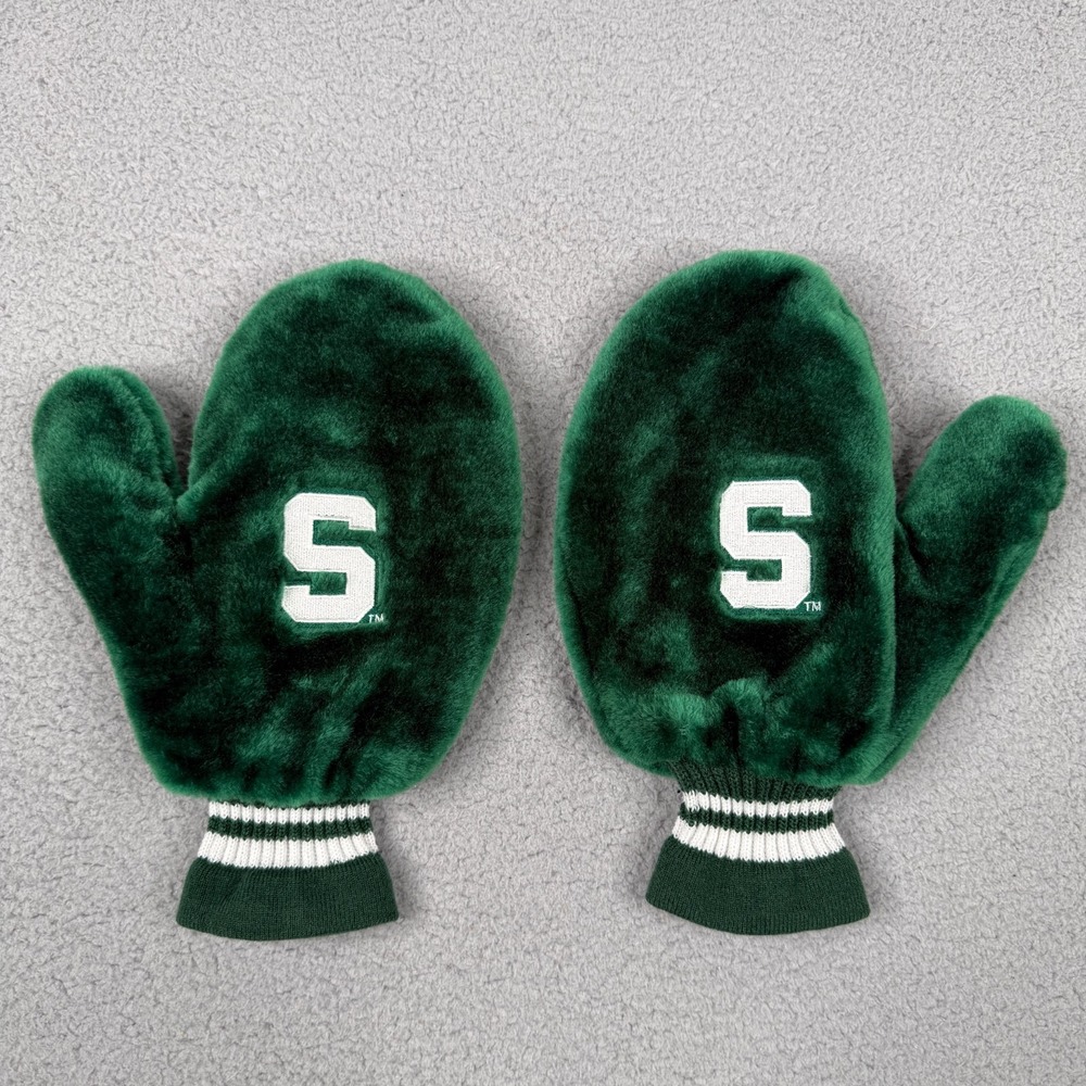 Michigan State Spartans Mittens Green Fuzzy Plush Fleece Lined NCAA Fan Gear - Picture 2 of 11